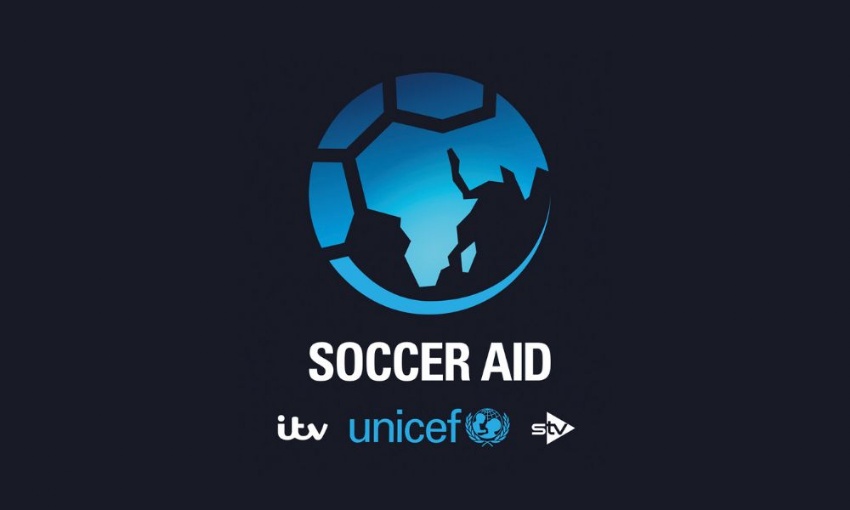 Image shows the Soccer Aid logo - a circle that is half globe, half football, with the words Soccer Aid and the logos for ITB, UNICER and STV